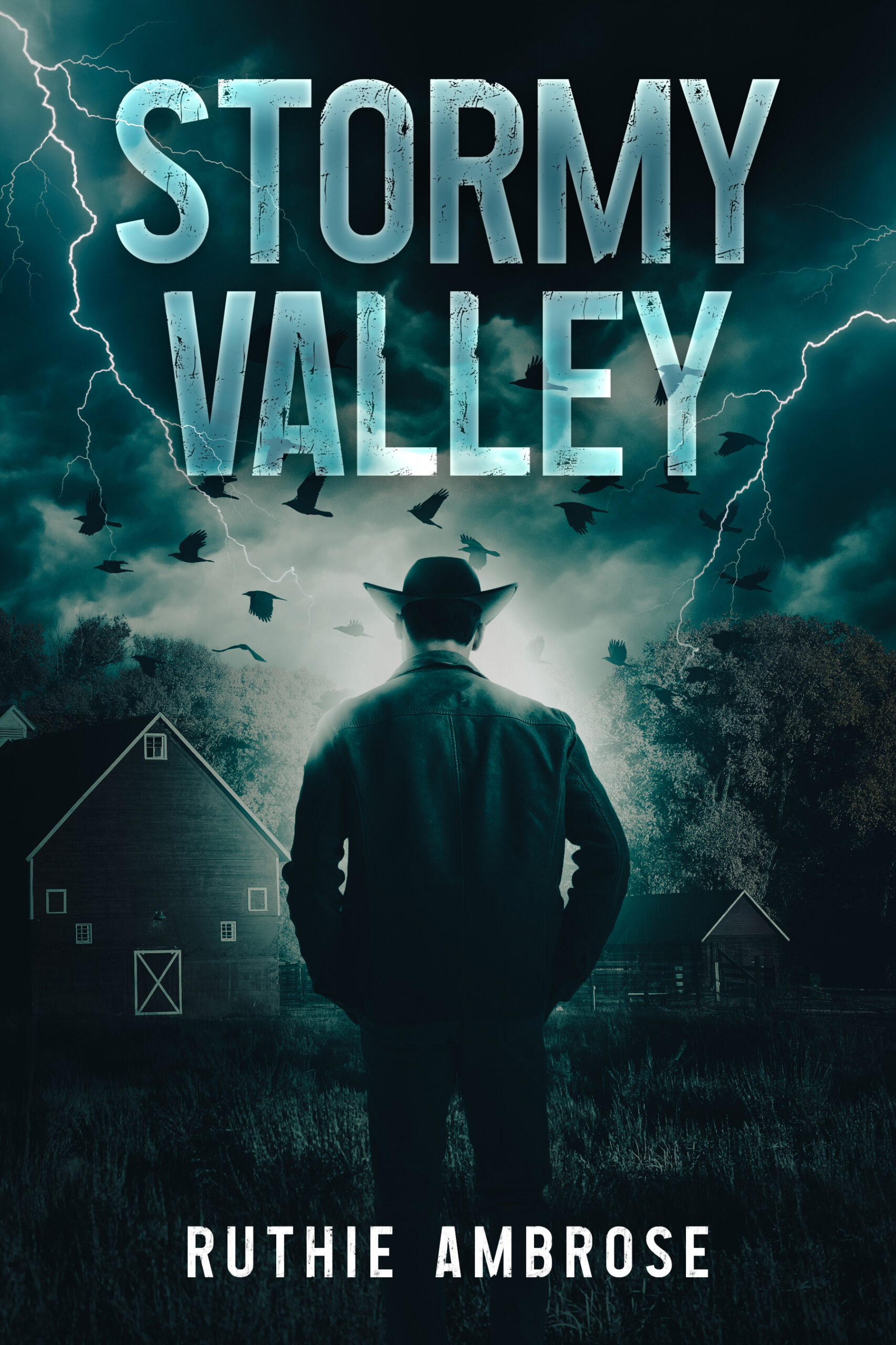 Book cover for “Stormy Valley” by Ruthie Ambrose. A man in a hat and leather jacket stands with his back to the viewer, facing a stormy sky over a rural farm. Lightning flashes, dark birds circle above, and the scene suggests both menace and mystery. Title text reads “Stormy Valley.”